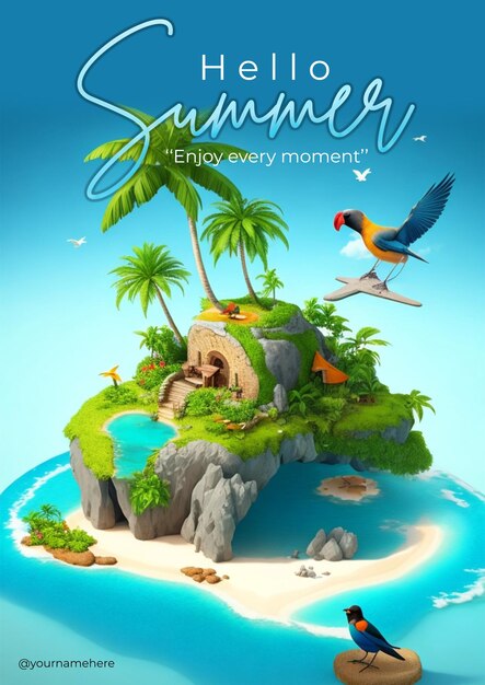 PSD psd un cartel de hola verano con palmeras y una escena de playa.