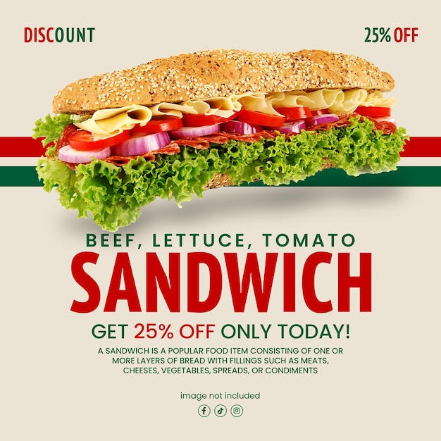 PSD Un cartel para sándwich de carne de res Obtener descuento para la plantilla de publicación de Instagram