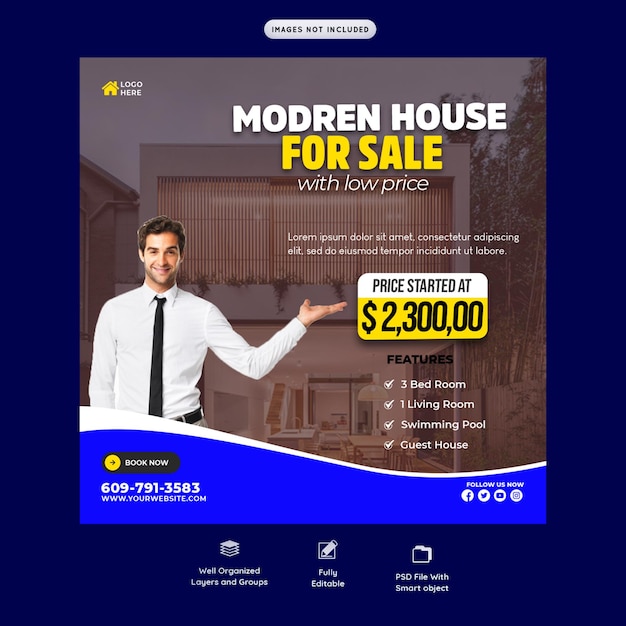 PSD casa moderna banner de mídia social ou modelo de postagem do Instagram