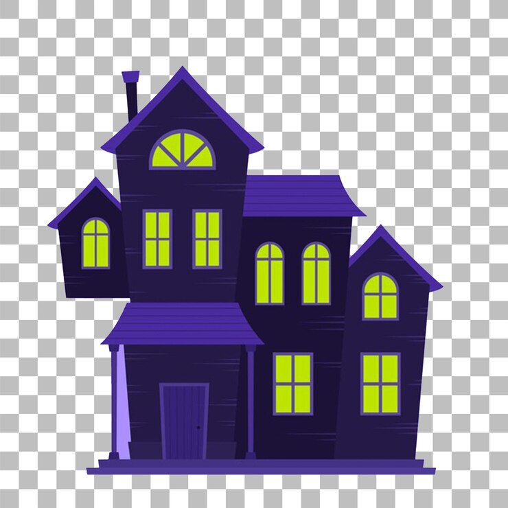 PSD una casa púrpura con un frente azul y luces amarillas en un fondo transparente