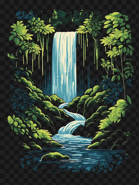 PSD psd de cascada en cascada a través de un bosque exuberante verdes vibrantes dar plantilla clipart diseño de tatuaje