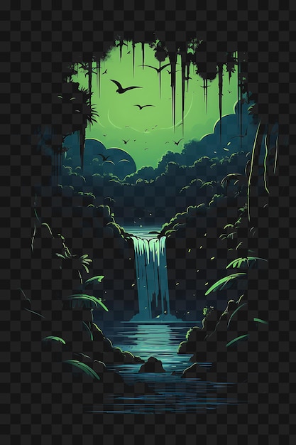 PSD psd de cascada en una exuberante selva tropical aves verdes vibrantes plantilla diseño de tatuaje clipart