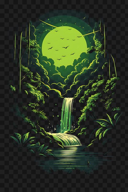 PSD psd de cascada en una exuberante selva tropical aves verdes vibrantes plantilla diseño de tatuaje clipart