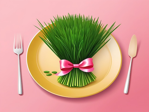 Psd celebra el feliz nowruz hierba de trigo fresca y festiva un plato atado con una cinta roja