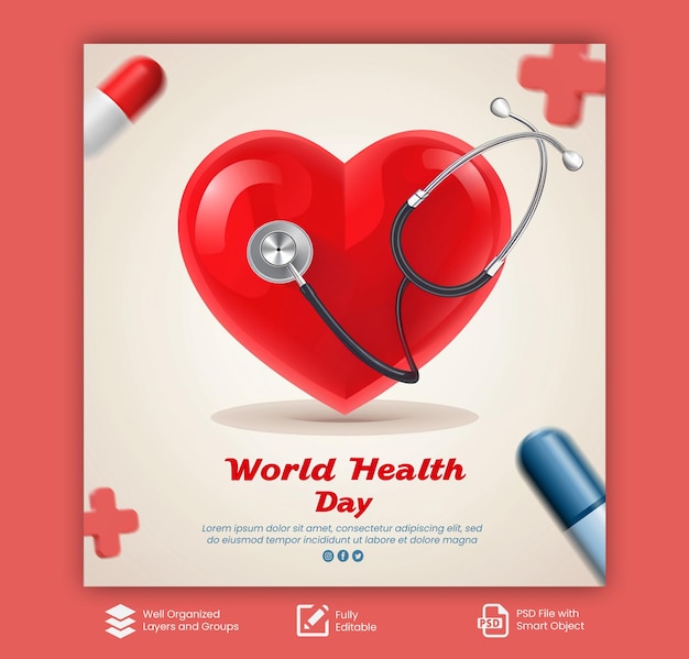 PSD Celebração do Dia Mundial da Saúde com ornamentos médicos Dia da Saúde Mundial mídias sociais postagem editável
