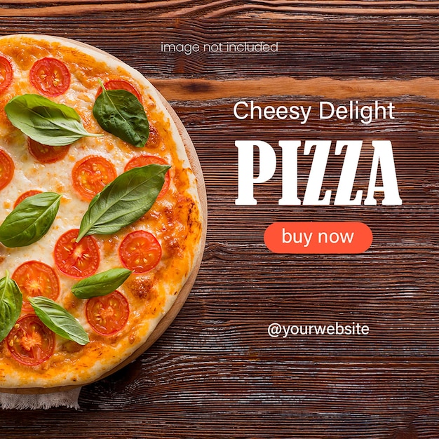 PSD Cheesy Delight Pizza auf Holz-Hintergrund Instagram-Post-Vorlage