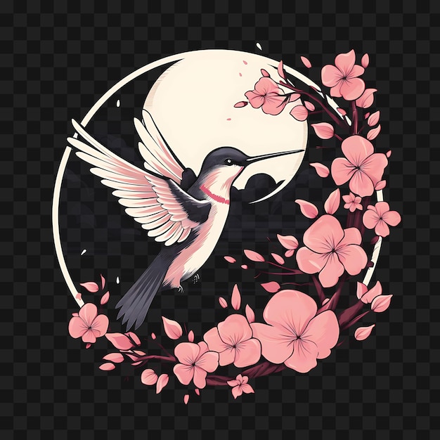 Psd de cherry blossom garden con un colibri rosa suave y blanco plantilla clipart diseño de tatuaje
