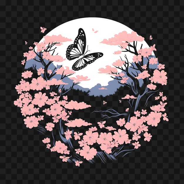 PSD psd de cherry blossom garden con una mariposa rosa suave y blancos plantilla diseño de tatuaje clipart