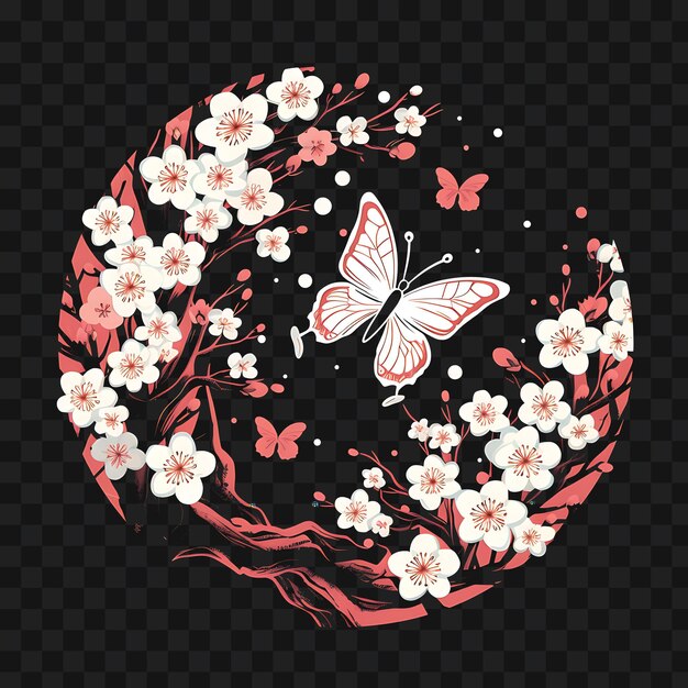 PSD psd de cherry blossom garden con una mariposa rosa suave y blancos plantilla diseño de tatuaje clipart