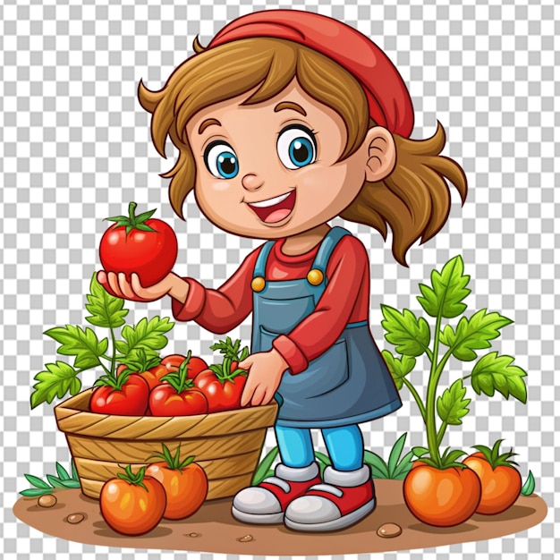 Psd de una chica de dibujos animados cosechando tomates en un fondo transparente
