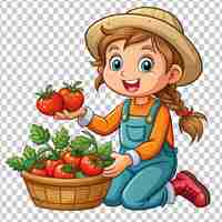 PSD psd de una chica de dibujos animados cosechando tomates en un fondo transparente