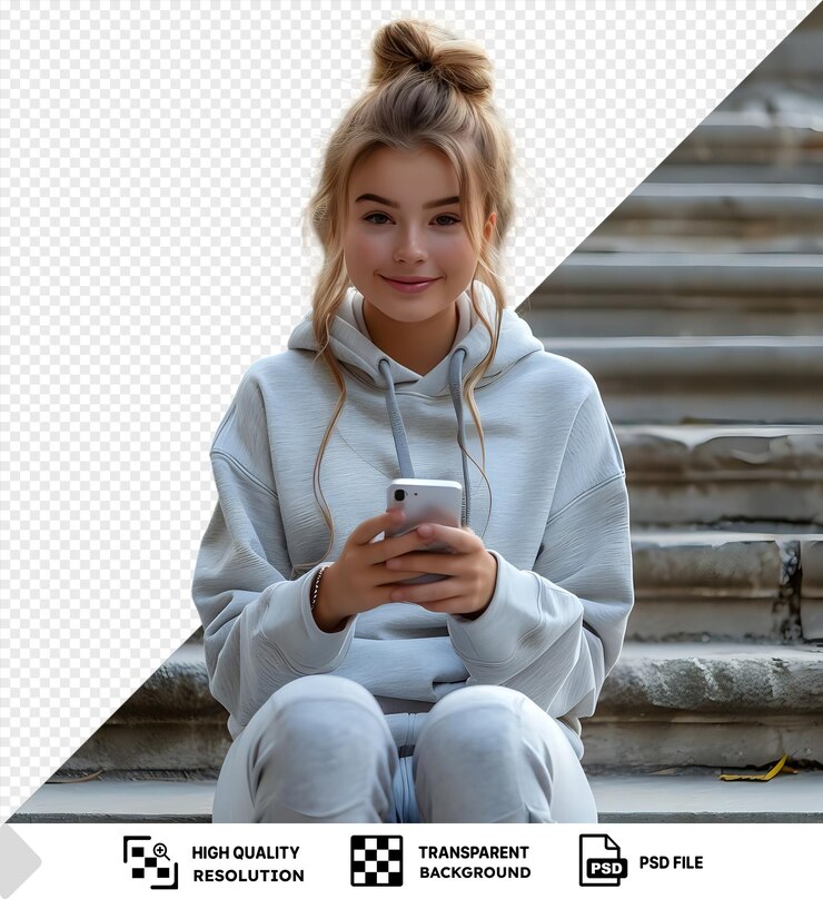 PSD psd chica joven linda en ropa deportiva sentada en las escaleras con un teléfono en las manos png psd