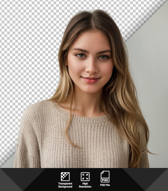 PSD psd chica linda en un suéter mirando a la cámara con una sonrisa en un fondo transparente