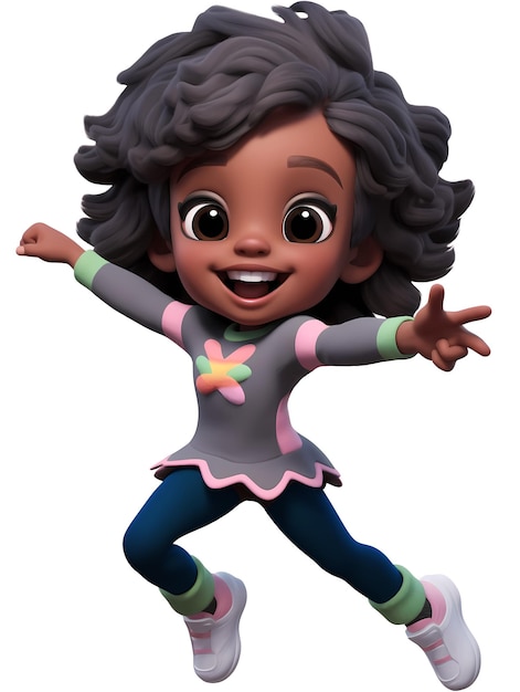 PSD psd chica negra pose animada sonriendo bailando dibujos animados de estilo de personaje de animación 3d