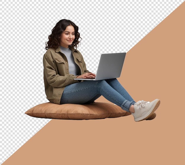 PSD una chica se sienta en una almohada con una computadora portátil con fondo transparente