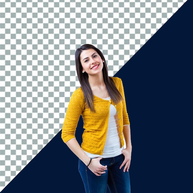 psd chica en un suéter amarillo se encuentra fondo transparente