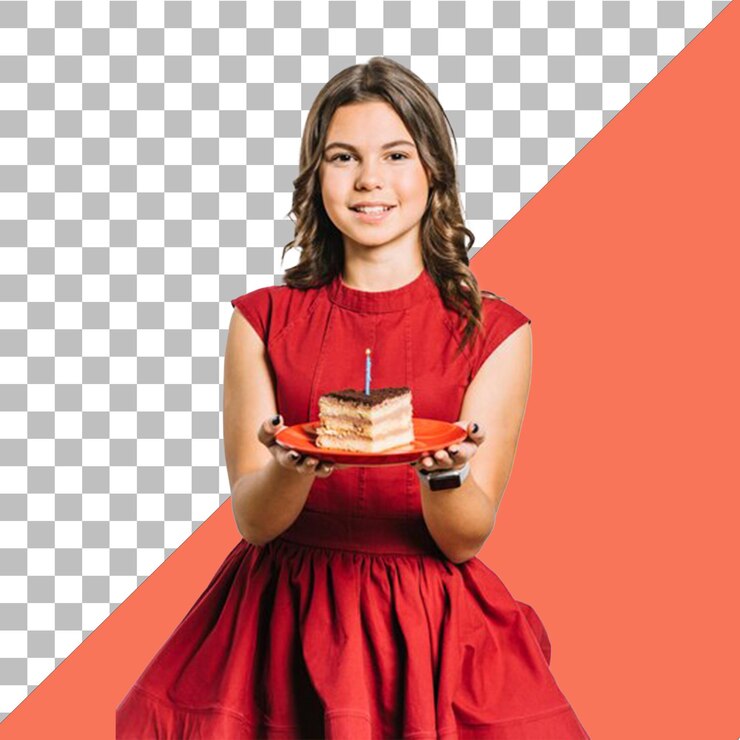 PSD una chica con un vestido rojo sostiene un pedazo de pastel con fondo transparente