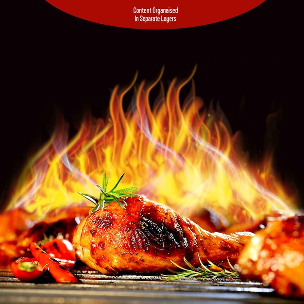 PSD Chicken BBQ mit Feuerflammen isoliert auf transparentem Hintergrund