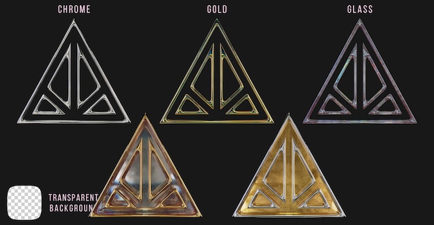 PSD-Chrommetall und Gold und Glas Dreiecke Form 3D-Rendering