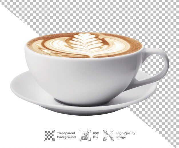 PSD psd close up de café latte quente com arte latte em um copo e disco branco de cerâmica