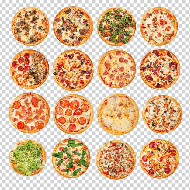 PSD Une collection de pizzas avec différentes garnitures isolées