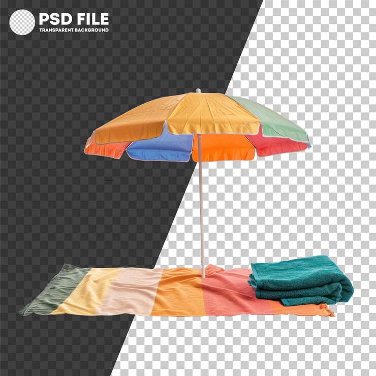 PSD psd colorful beach umbrella with matching towels on sand
