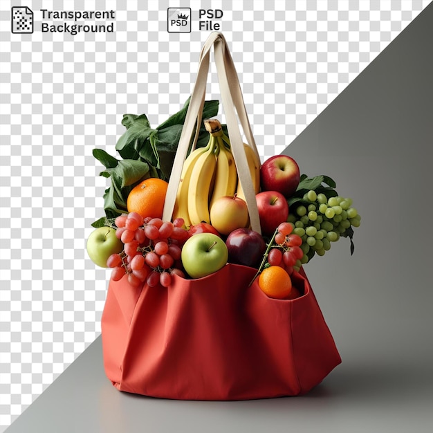 PSD psd una colorida variedad de frutas y verduras dispuestas en una bolsa roja que incluye manzanas rojas y verdes, plátanos amarillos maduros y una uva verde contra una pared gris y blanca