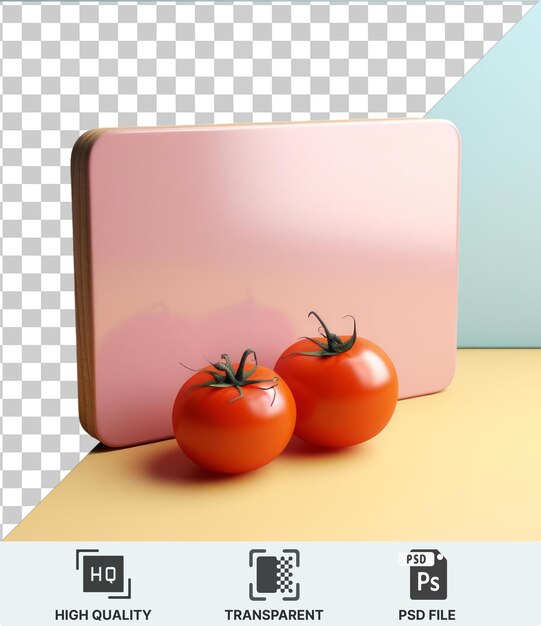 PSD psd com caixa transparente e dois tomates em uma mesa amarela contra uma parede azul com uma sombra escura em primeiro plano