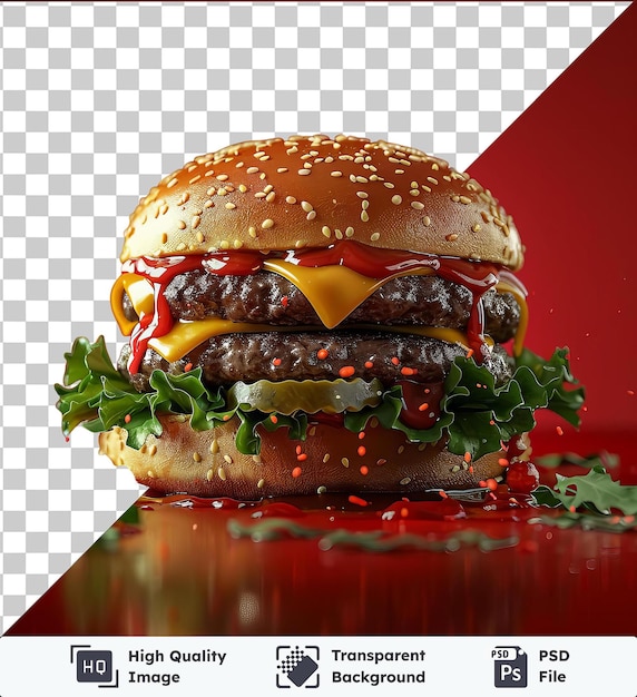 PSD psd com cheeseburger transparente em uma mesa vermelha brilhante contra uma parede vermelha