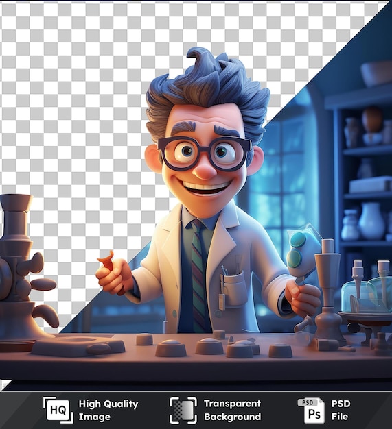 PSD psd com desenho animado de cientista 3d transparente conduzindo experimentos inovadores um homem com cabelo azul e uma gravata azul está em frente a uma parede azul segurando um brinquedo e um vaso branco