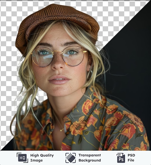 PSD psd com estilo transparente mulher loira nos anos 80 óculos e chapéu