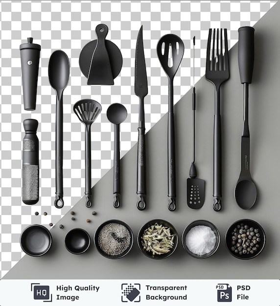 PSD psd com ferramentas de cozinha francesas gourmet transparentes conjunto de utensílios de cozinha em um fundo isolado