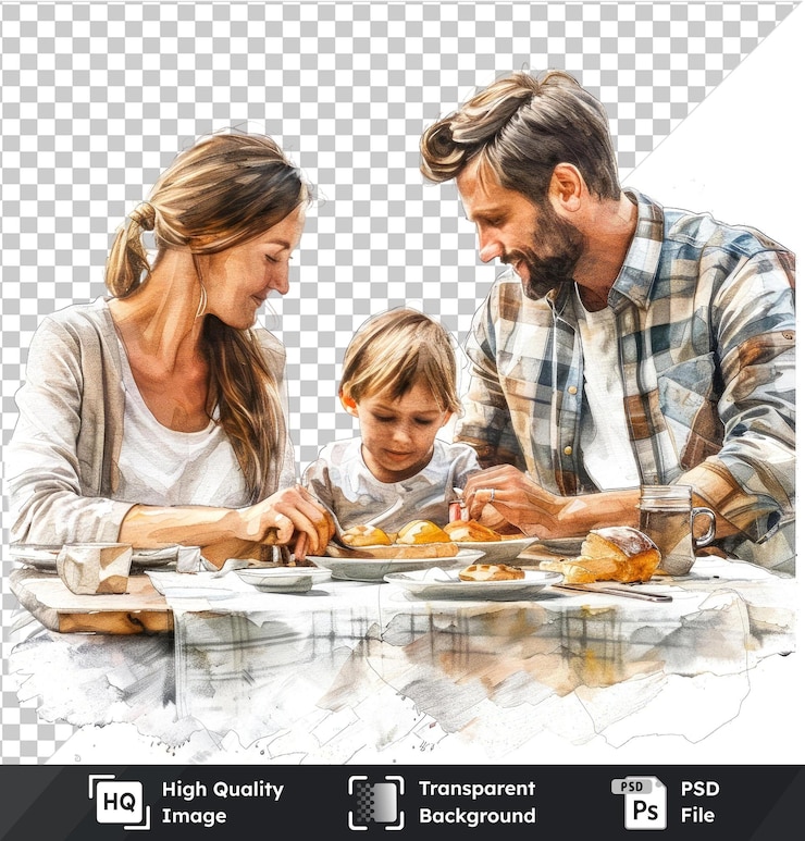 PSD psd com ilustração transparente de aquarela de uma família na mesa em fundo isolado