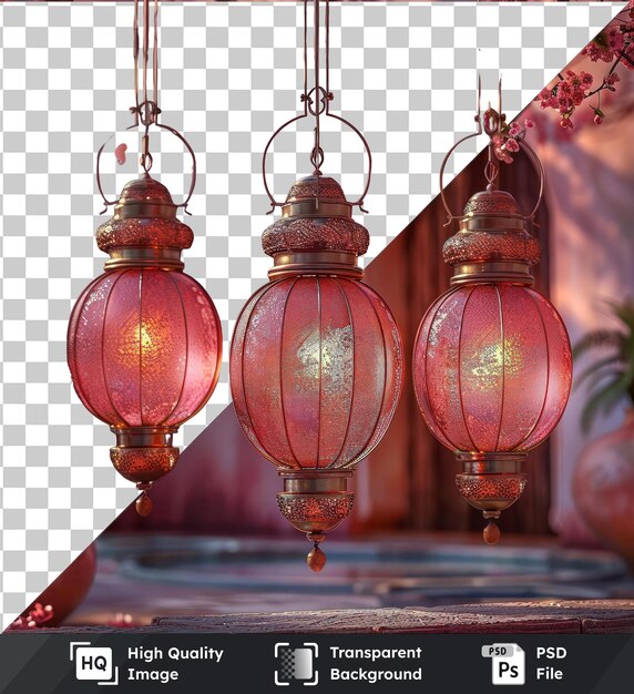 PSD psd com lanternas tradicionais transparentes de eid al fitr penduradas em uma árvore