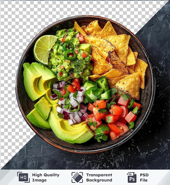 PSD psd com modelo transparente de uma tigela com nachos de guacamole e ingredientes