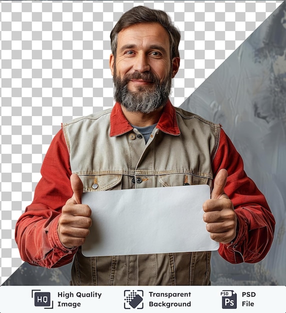 PSD psd com retrato transparente de mecânico masculino com cartaz em branco gestando polegares para cima vestindo uma camisa vermelha e calças castanhas com barba cinzenta e cabelo castanho de pé na frente de um