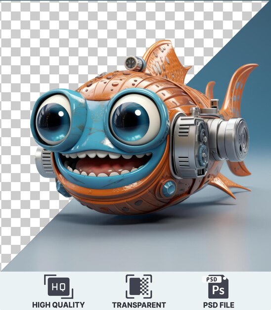 PSD psd com transparente 3d fotógrafo de mar profundo desenho animado capturando criaturas marinhas raras um brinquedo azul e um peixe laranja