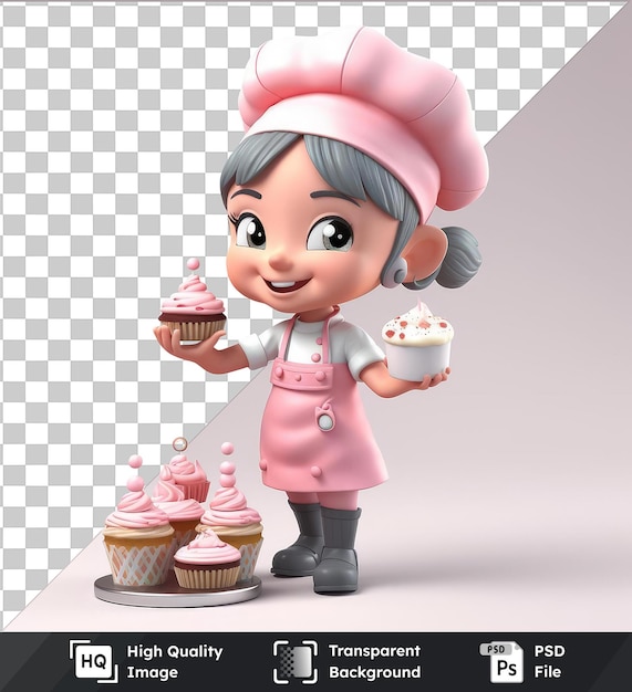 PSD psd com transparente 3d pastry chef desenho animado criando sobremesas deliciosas um cupcake rosa uma boneca e um olho preto