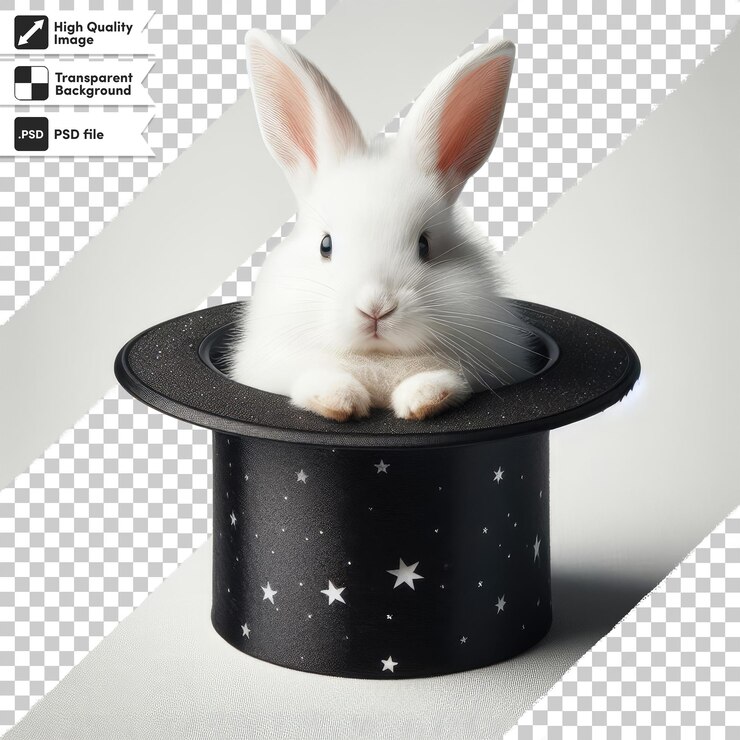 PSD psd conejo en un sombrero espectáculo de enfoque mágico en fondo transparente con capa de máscara editable
