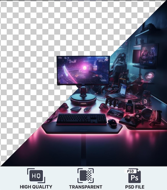 PSD psd con configuración de juegos de realidad virtual de alta tecnología transparente configurado en una habitación oscura