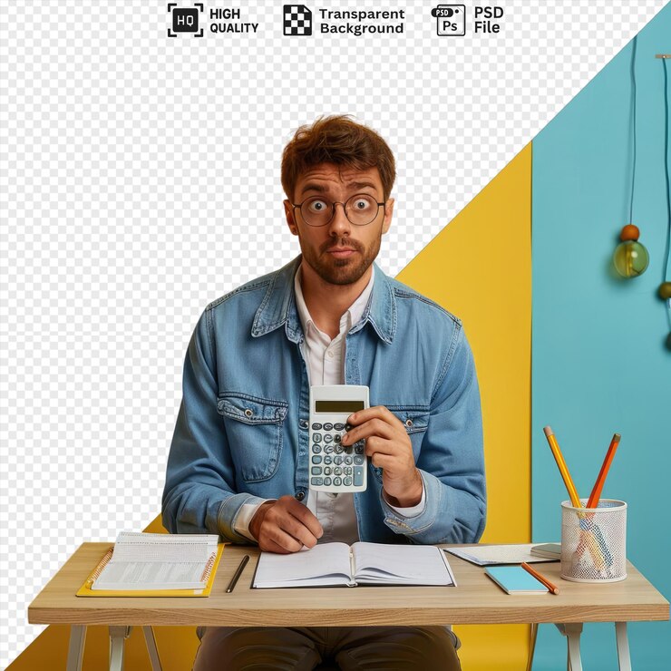 psd confuso tenendo e guardando calcolatrice giovane insegnante maschio seduto scrivania con strumenti scolastici classe con parete blu e gialla tazza bianca libro aperto occhiali blu barba marrone uomo sorridente