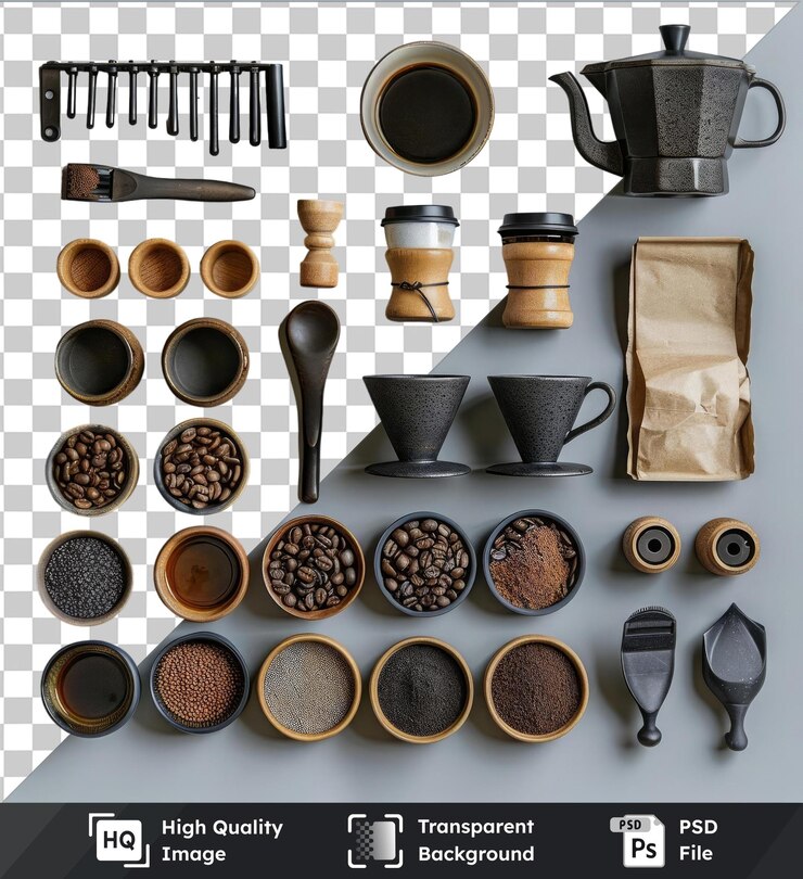 PSD psd con conjunto de degustación de café especial transparente con una variedad de tazas y cucharas, incluidas tazas marrones negras y negras y marrones, así como una bolsa marrón