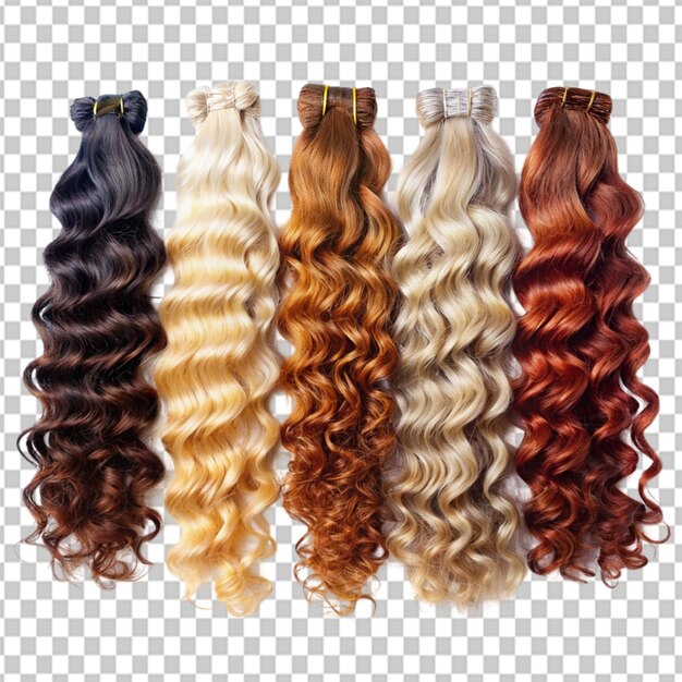 PSD psd de un conjunto de extensiones de cabello rizado en diferentes colores sobre un fondo transparente