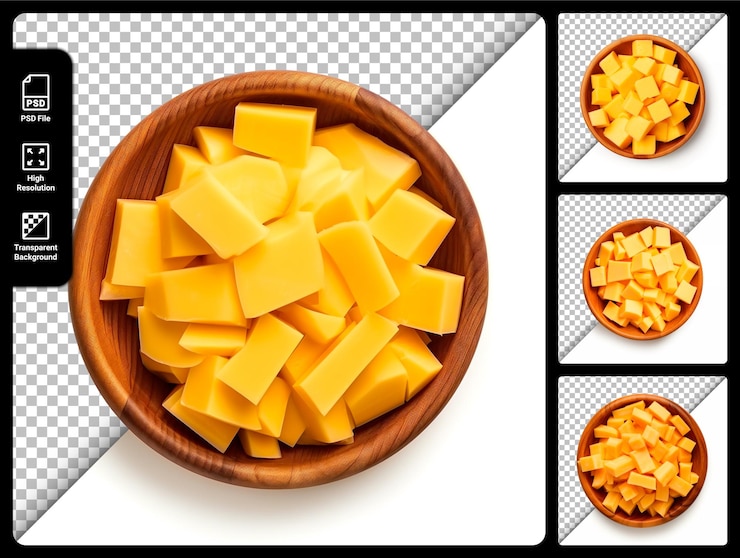PSD psd conjunto de queso cheddar en rodajas en un recipiente de madera aislado sobre fondo transparente