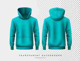 PSD psd conjunto de sudaderas con capucha de color cian vista delantera y trasera tee hoodie con capucha de fondo transparente mockup cl