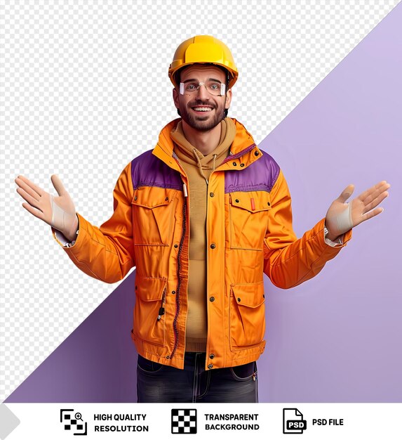 psd constructor joven constructiuniforme y casco de seguridad mirando cámara feliz y positivo amplia apertura de las manos gesto de saludo de pie frente a la pared púrpura