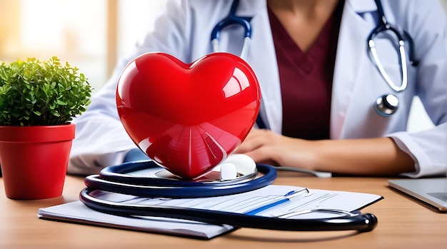 PSD psd coração vermelho forma de amor e médicos médicos estetoscópio em fundo de mesa