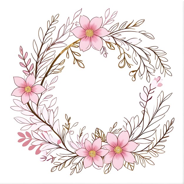 Psd corona floral rosa con marco circular y hojas ornamento floral marco floral fondo