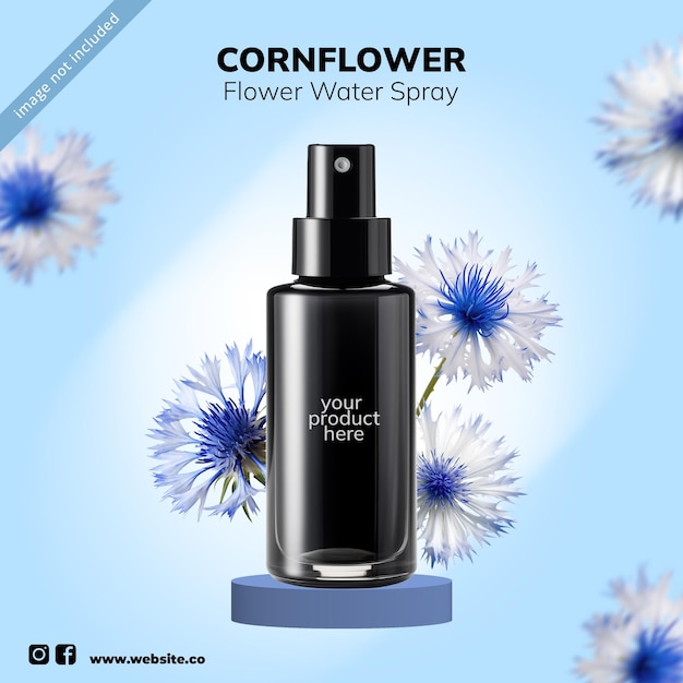 PSD psd cosmética mídias sociais instagram post design produto cornflower hydrosol flower water spray