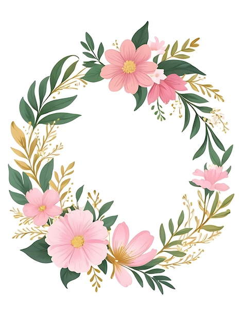 Psd Couronne Florale Rose Avec Cadre Circulaire Et Feuilles Ornement Fleur Arrière-plan Cadre Floral